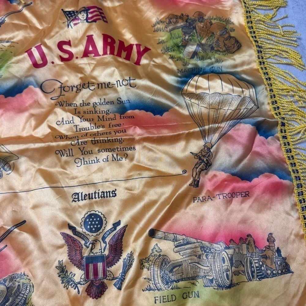 Vintage US Army satin fringe pillow case WWII souvenir pillow cases